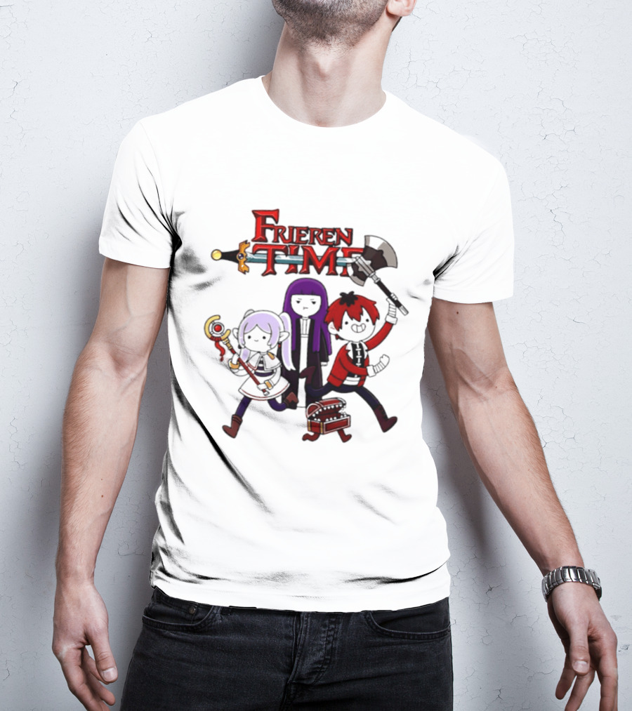 Frieren Time Adventure Time Anime Crossover Characters With Weapons And Staff T-Shirt
