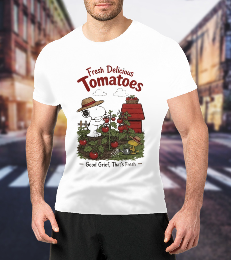Snoopy Fresh Delicious Tomatoes Good Grief That's Fresh Garden Scene T-Shirt