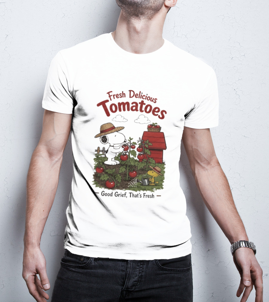 Snoopy Fresh Delicious Tomatoes Good Grief That's Fresh Garden Scene T-Shirt