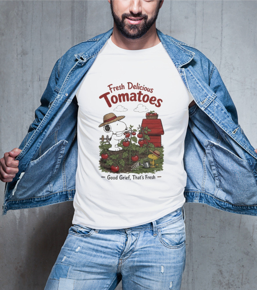 Snoopy Fresh Delicious Tomatoes Good Grief That's Fresh Garden Scene T-Shirt