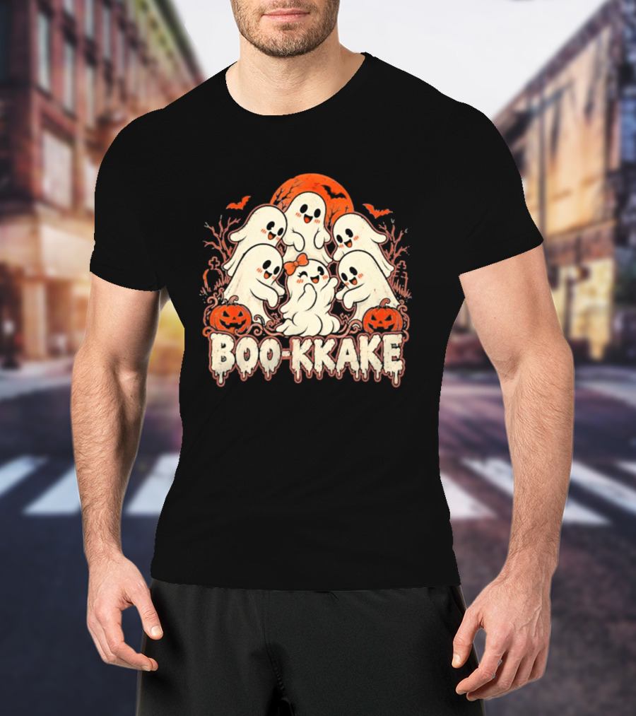 Boo Kkake Japanese Halloween Ghosts Pumpkins Bats Orange Moon T-Shirt