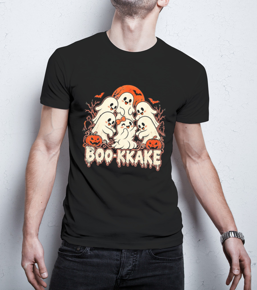 Boo Kkake Japanese Halloween Ghosts Pumpkins Bats Orange Moon T-Shirt
