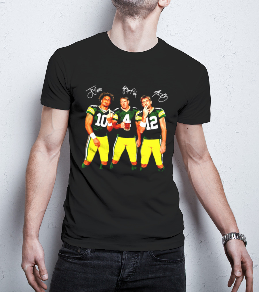 Brett Favre Aaron Rodgers Jordan Love Green Bay Packers Middle Finger Beer Smoking Signatures T-Shirt