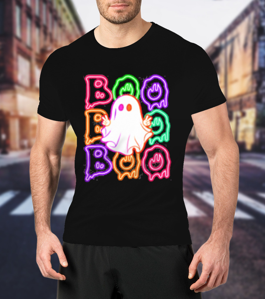 Ghost Boo Neon Halloween Spooky Bright T-Shirt
