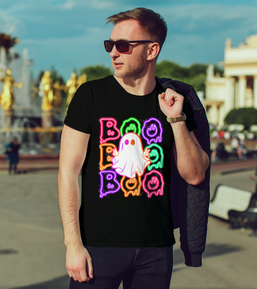Ghost Boo Neon Halloween Spooky Bright T-Shirt