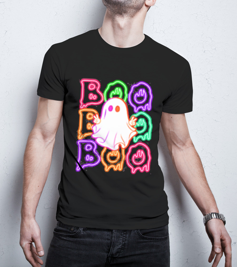 Ghost Boo Neon Halloween Spooky Bright T-Shirt