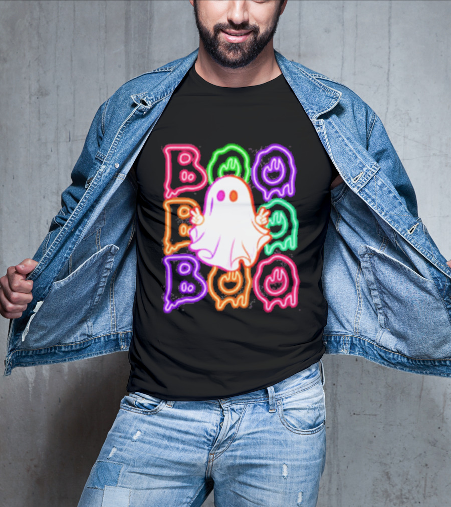 Ghost Boo Neon Halloween Spooky Bright T-Shirt