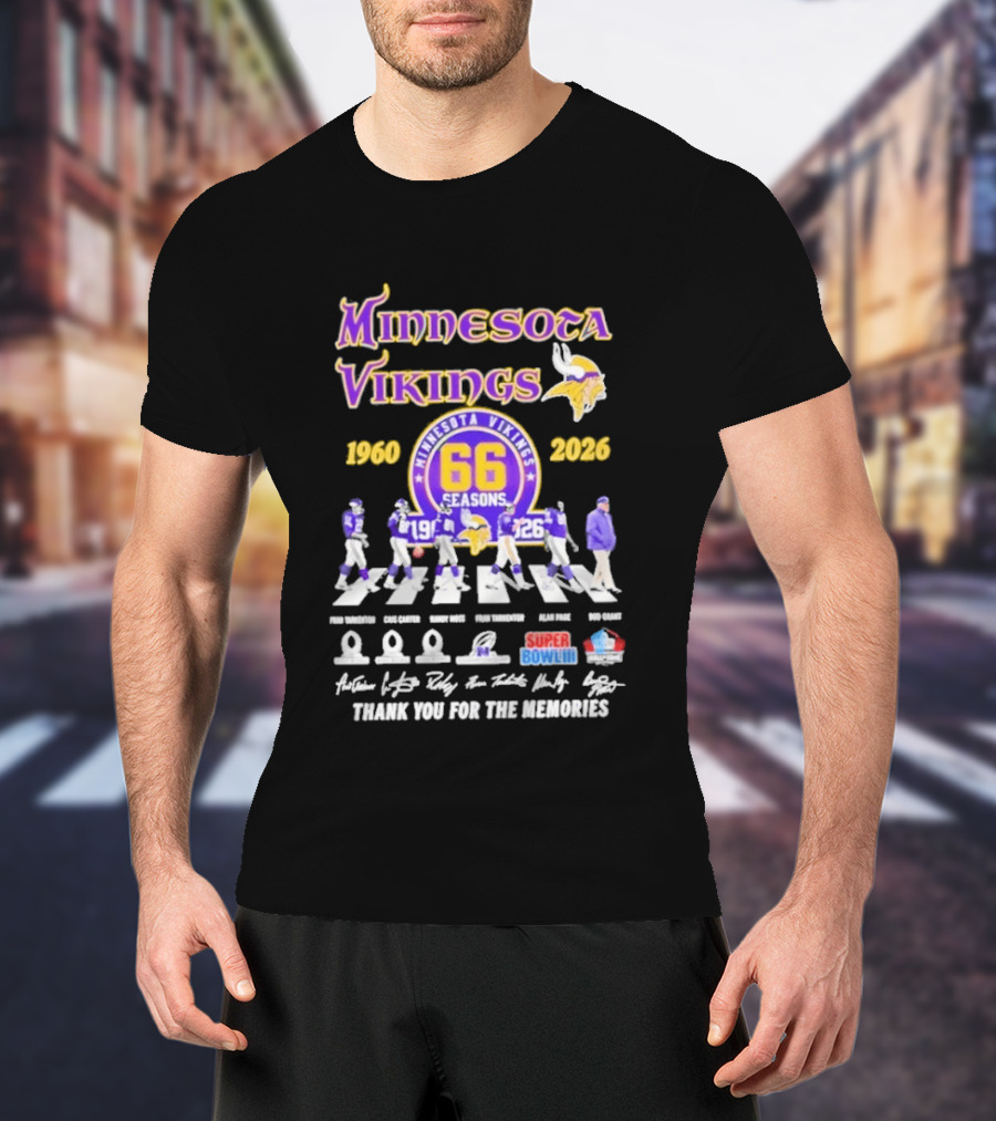 Minnesota Vikings 66 Seasons 1960 2026 Abbey Road Fran Tarkenton Cris Carter Randy Moss Alan Page Bud Grant Super Bowl Thank You For The Memories T-Shirt