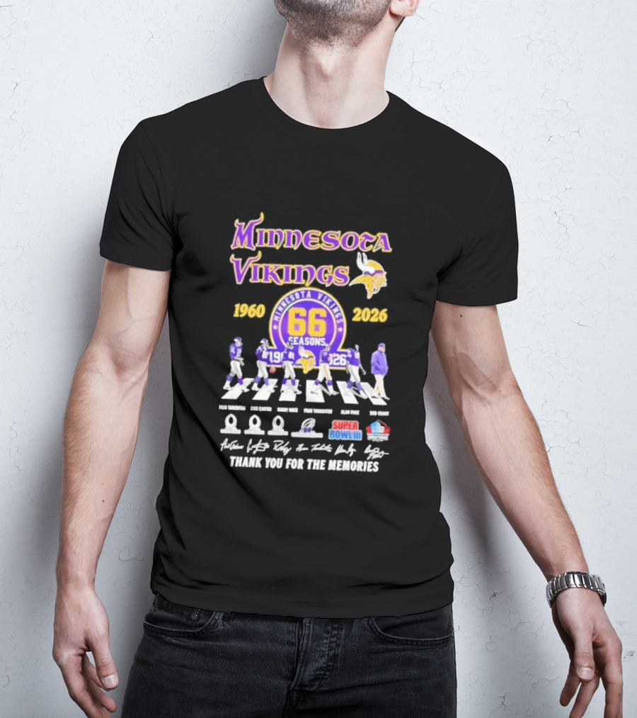 Minnesota Vikings 66 Seasons 1960 2026 Abbey Road Fran Tarkenton Cris Carter Randy Moss Alan Page Bud Grant Super Bowl Thank You For The Memories T-Shirt