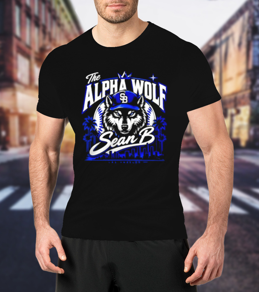The Alpha Wolf Sean B LA Dodgers Skyline Wolf Baseball Cap Stars Palms T-Shirt