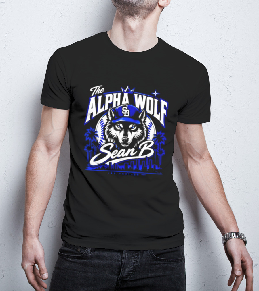 The Alpha Wolf Sean B LA Dodgers Skyline Wolf Baseball Cap Stars Palms T-Shirt