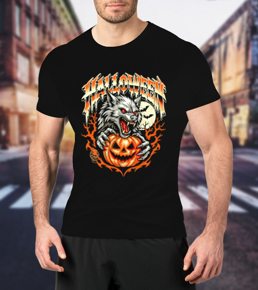 Halloween Werewolf With Jack O' Lantern And Full Moon T-Shirt