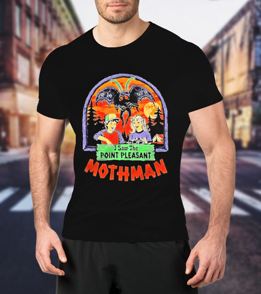 I Saw The Point Pleasant Mothman With Kids And Binoculars In Forest Scene T-Shirt