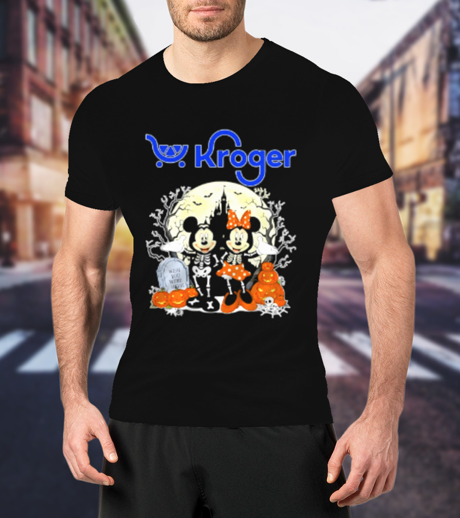 Kroger Mickey And Minnie Mouse Skeleton Halloween Pumpkins And Gravestone T-Shirt