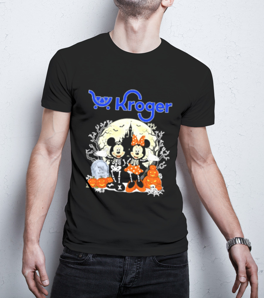 Kroger Mickey And Minnie Mouse Skeleton Halloween Pumpkins And Gravestone T-Shirt
