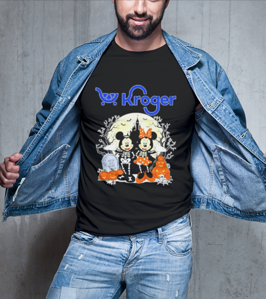 Kroger Mickey And Minnie Mouse Skeleton Halloween Pumpkins And Gravestone T-Shirt