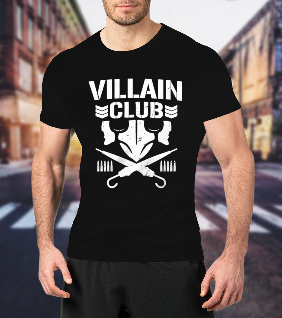 Villain Club Masked Skull With Crossed Umbrellas And Bullets T-Shirt