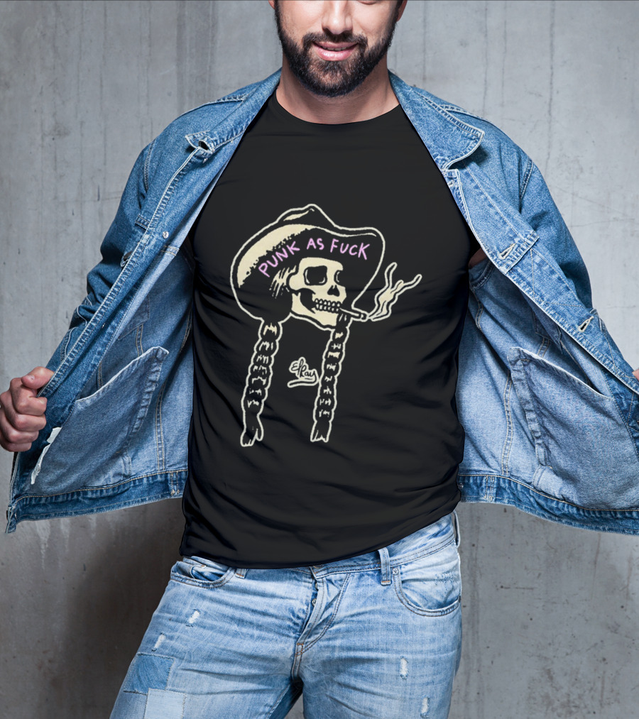 Punk As Fuck Skeleton Smoking Cowboy Hat Braids T-Shirt