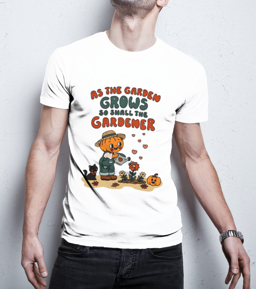 As The Garden Grows So Shall The Gardener Pumpkin Watering Flowers With Cat And Hearts T-Shirt