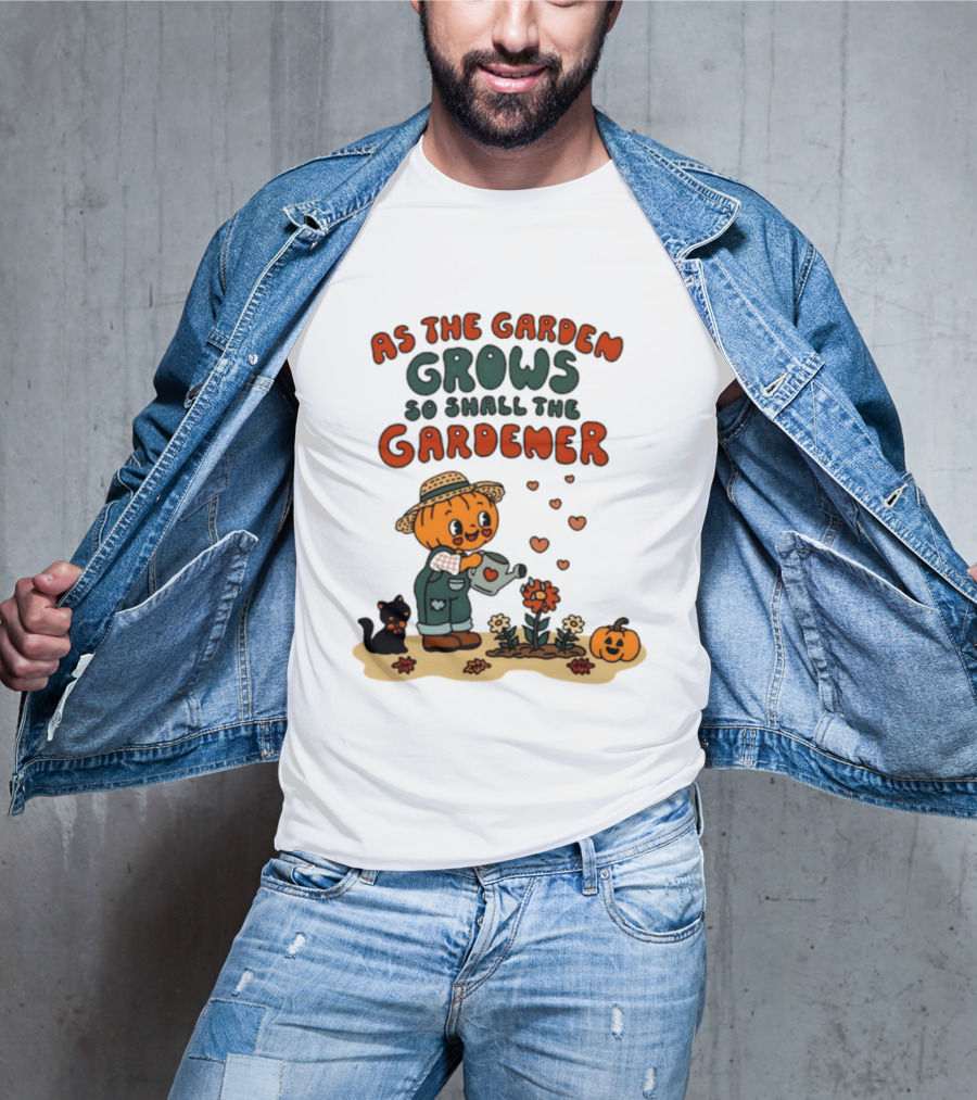 As The Garden Grows So Shall The Gardener Pumpkin Watering Flowers With Cat And Hearts T-Shirt
