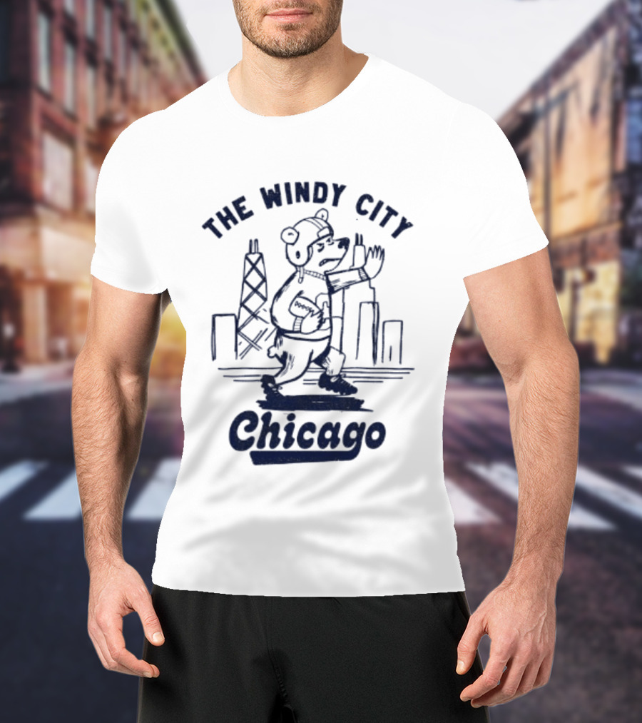 Chicago Bears The Windy City Football Character And Skyline T-Shirt