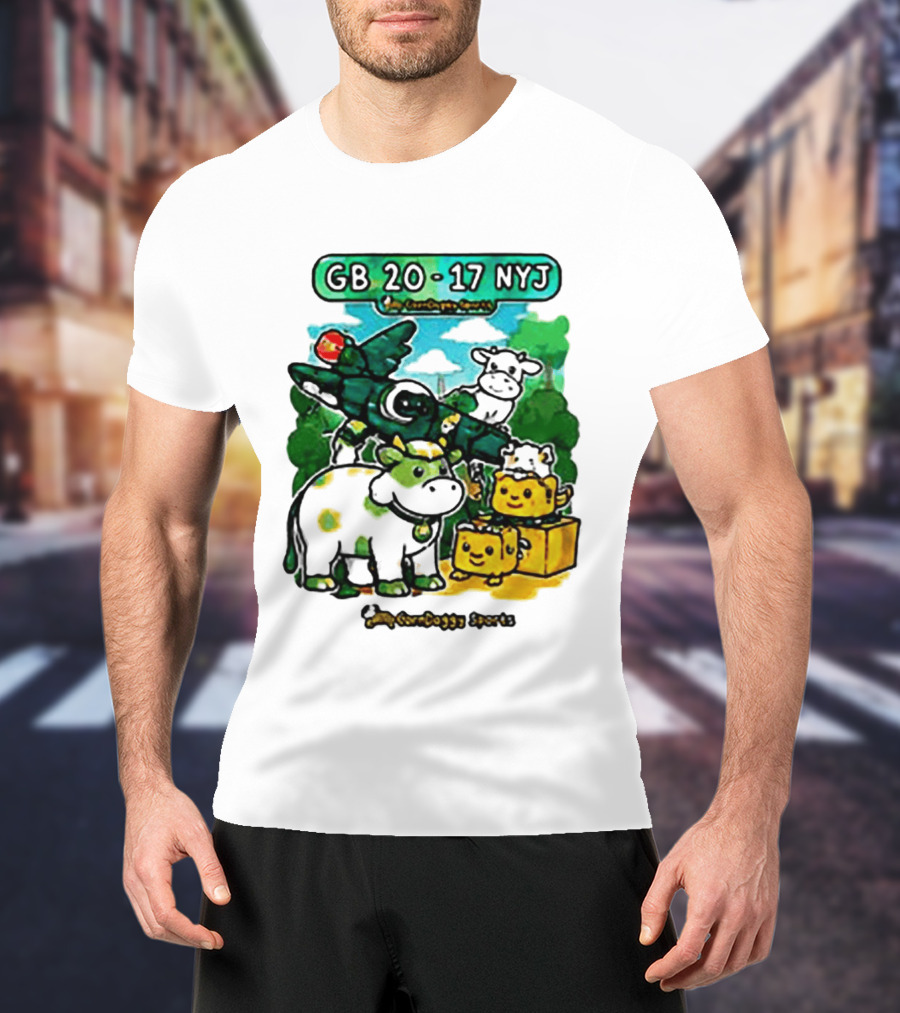 GB 20 17 NYJ Green Bay Football Green Cow Jet Cartoon Game Day T-Shirt