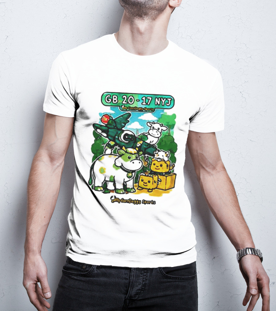 GB 20 17 NYJ Green Bay Football Green Cow Jet Cartoon Game Day T-Shirt