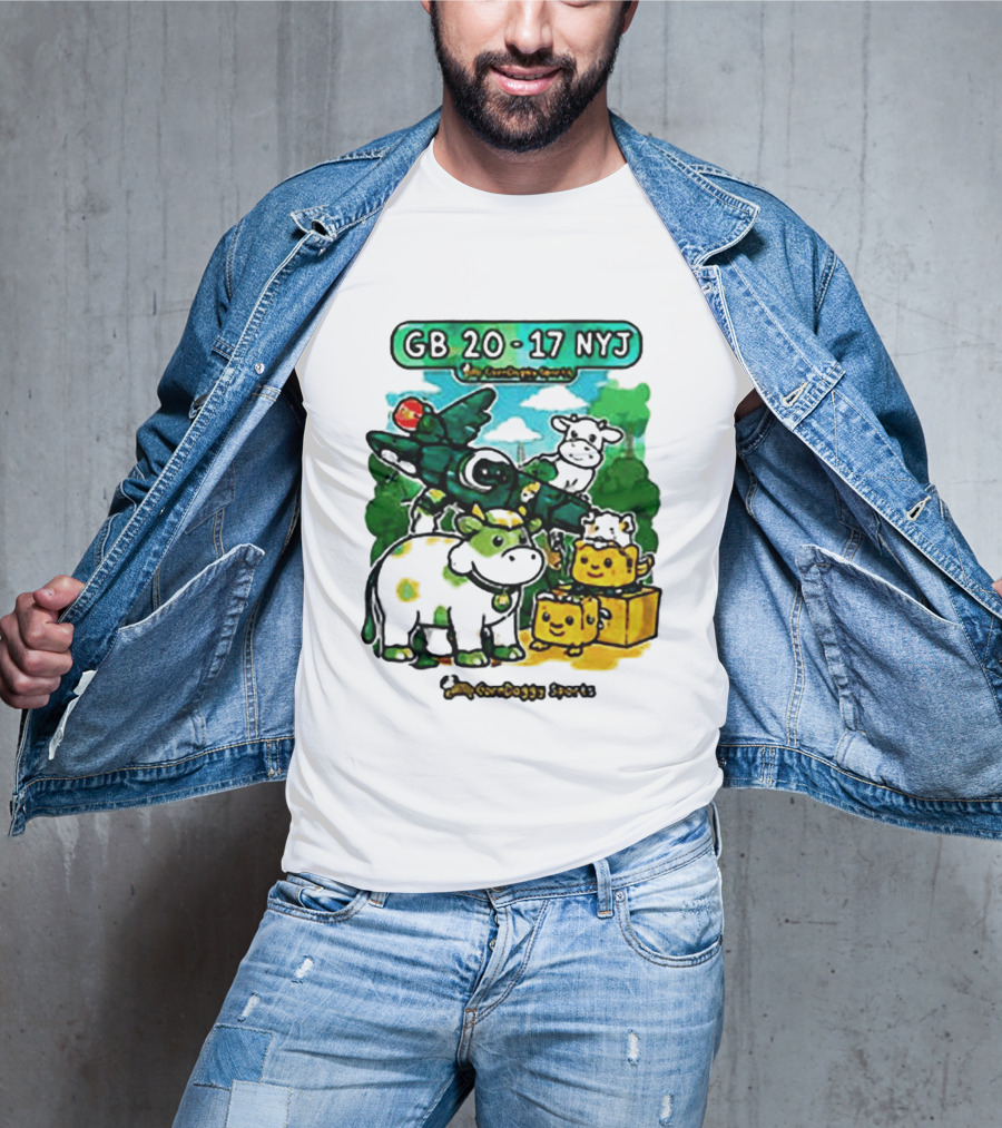 GB 20 17 NYJ Green Bay Football Green Cow Jet Cartoon Game Day T-Shirt