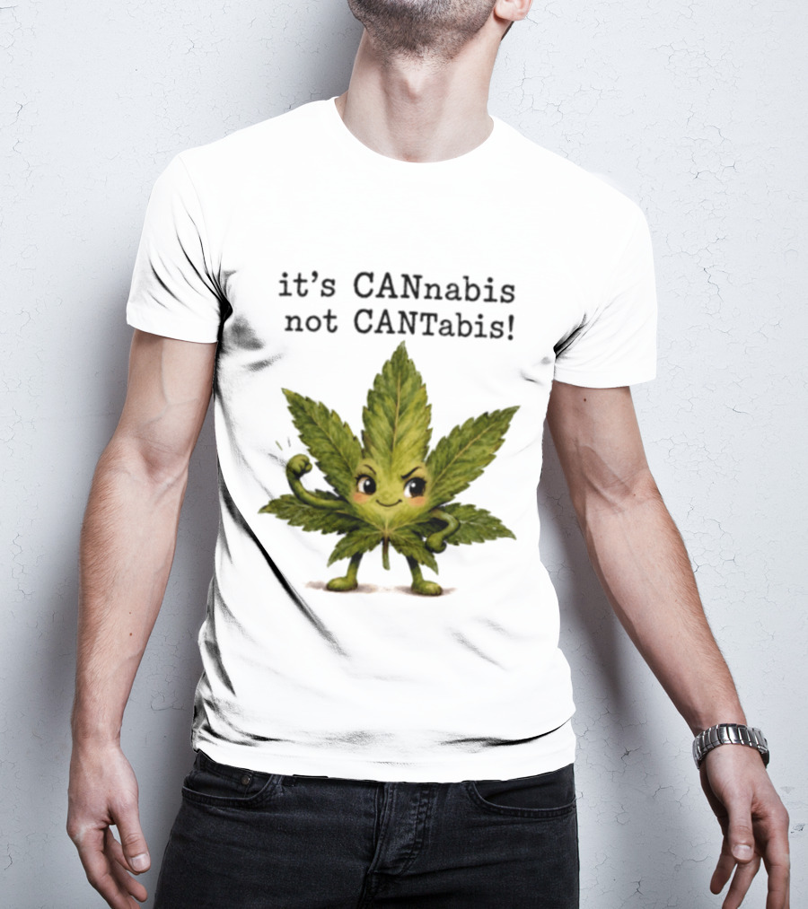 Cannabis Leaf Character It's CANnabis Not CANtabis Winking Cartoon T-Shirt