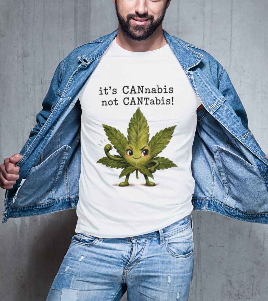 Cannabis Leaf Character It's CANnabis Not CANtabis Winking Cartoon T-Shirt