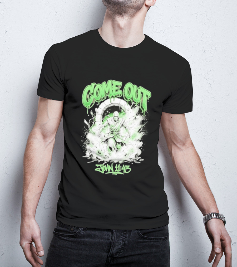 Come Out John 11 43 Mummy Bible Verse Green Drip T-Shirt