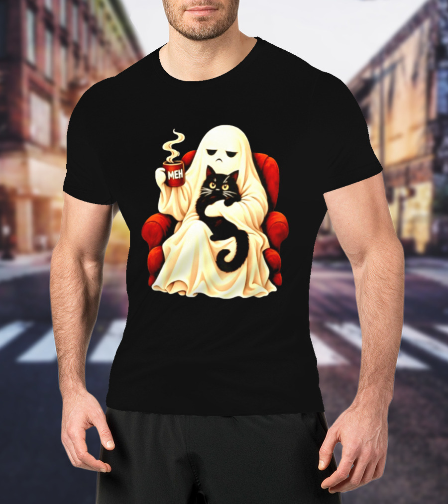 Ghost And Black Cat On Red Chair With Meh Coffee T-Shirt