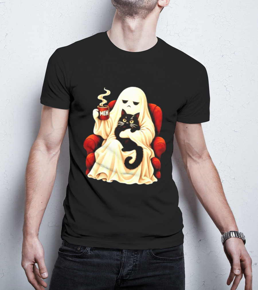 Ghost And Black Cat On Red Chair With Meh Coffee T-Shirt