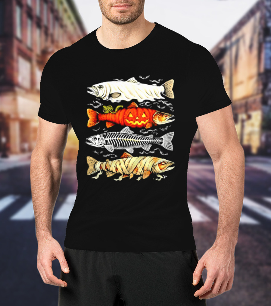 Halloween Pumpkin Mummy Fish Skeleton Trio T-Shirt