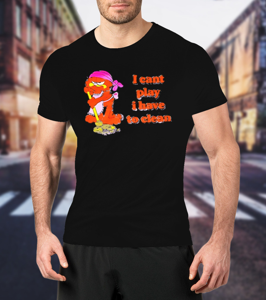 Garfield I Can't Play I Have To Clean Comic Image With Mop And Bandana T-Shirt