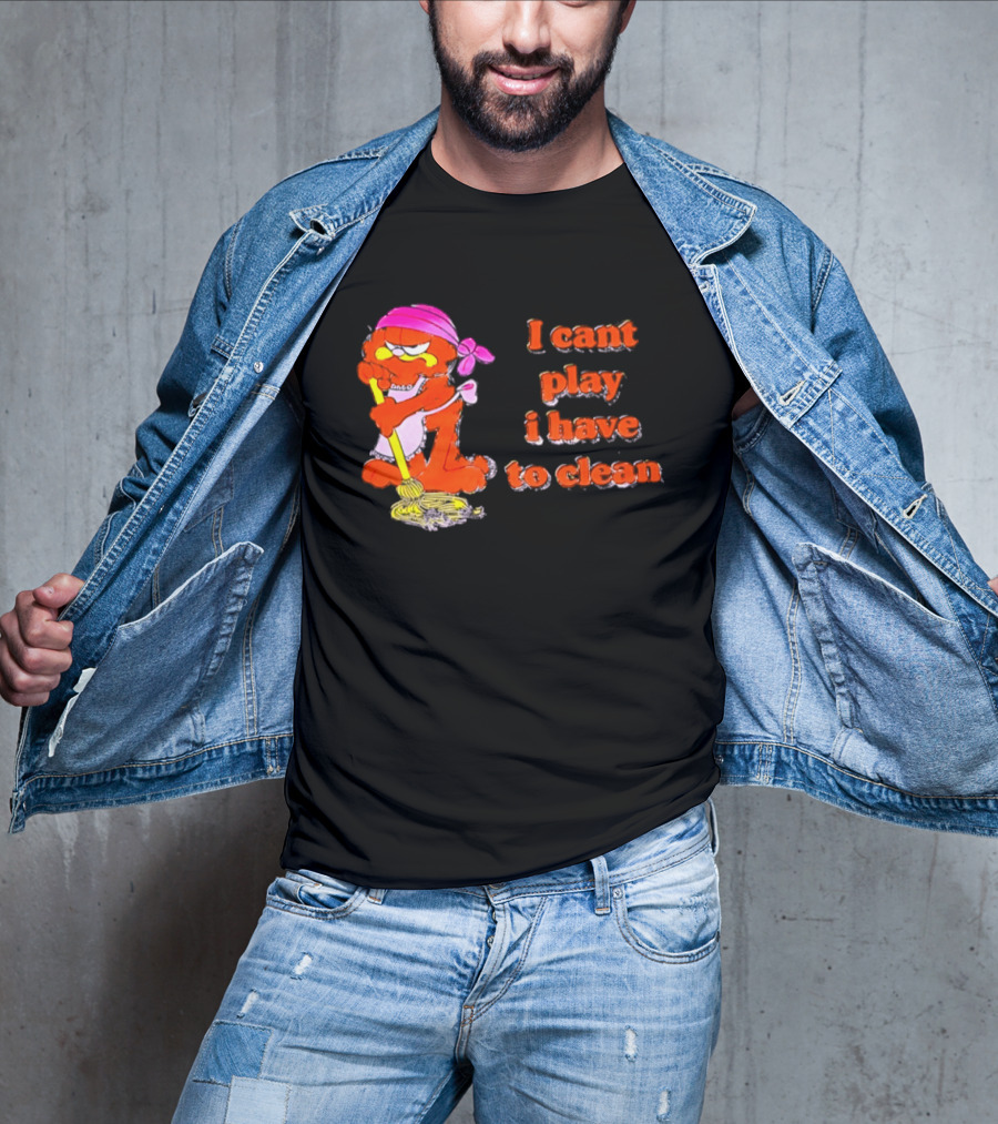 Garfield I Can't Play I Have To Clean Comic Image With Mop And Bandana T-Shirt