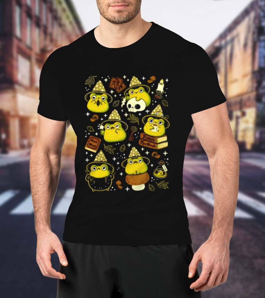 Witchy Froggy Spellbook Black Magic Poison Wizard Hat Mushrooms Potion Bottles T-Shirt