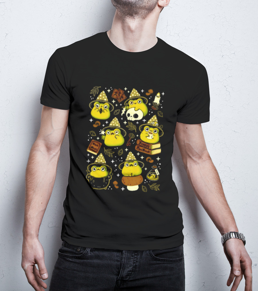 Witchy Froggy Spellbook Black Magic Poison Wizard Hat Mushrooms Potion Bottles T-Shirt