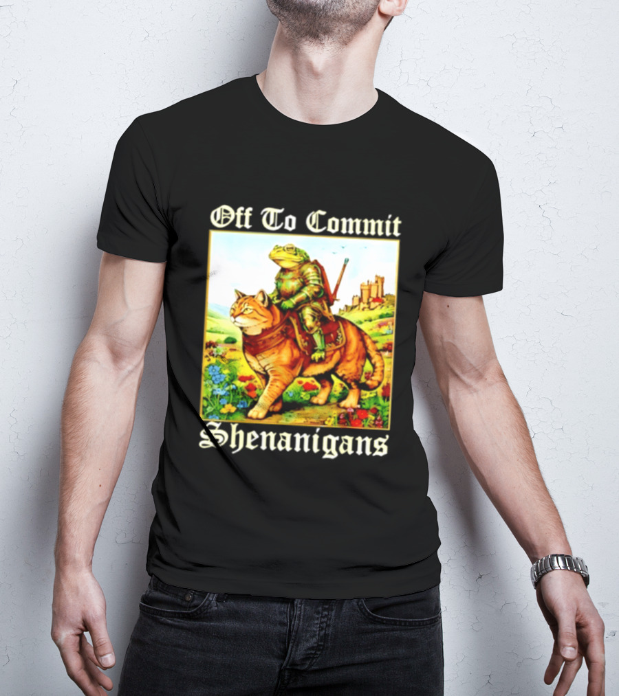 Off To Commit Shenanigans Frog Knight Riding Cat Medieval Adventure T-Shirt