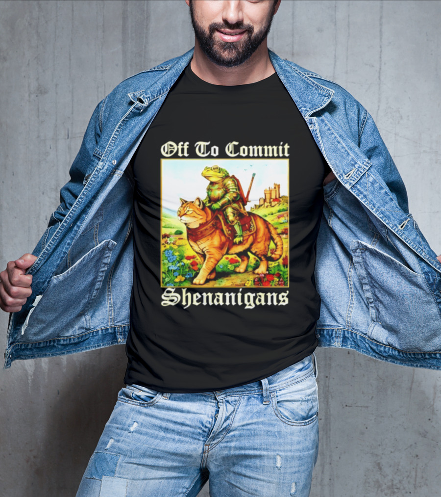 Off To Commit Shenanigans Frog Knight Riding Cat Medieval Adventure T-Shirt