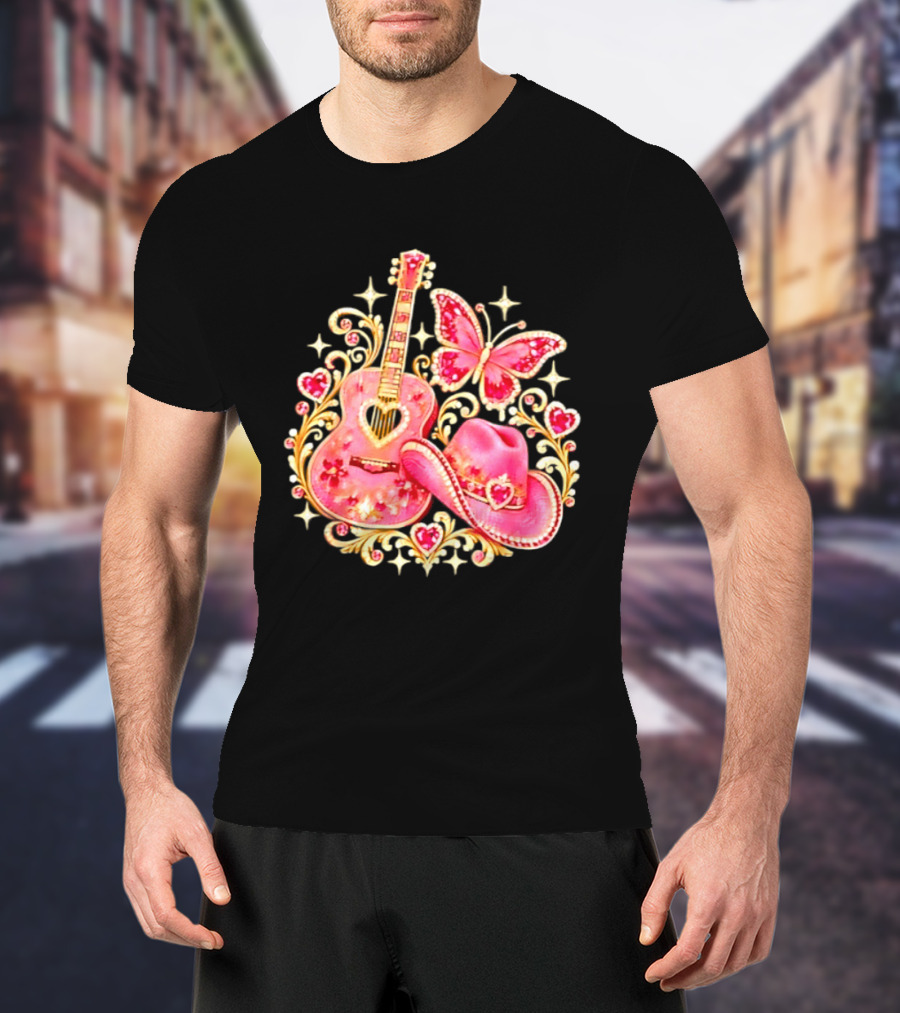 Pink Rhinestone Guitar Cowboy Hat Butterfly Hearts Sparkles T-Shirt