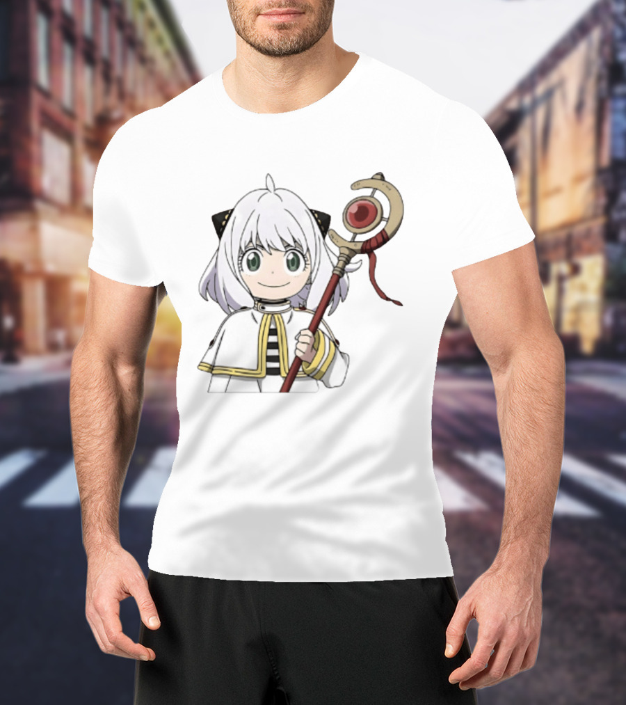 Anya Forger Frieren Crossover Anime Character With Magical Staff T-Shirt