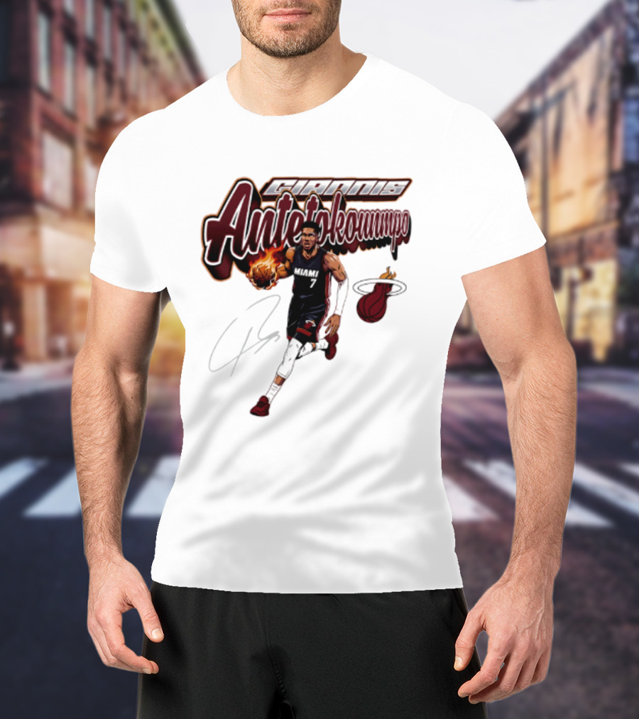 Giannis Antetokounmpo Miami Heat Basketball Cursive Script T-Shirt