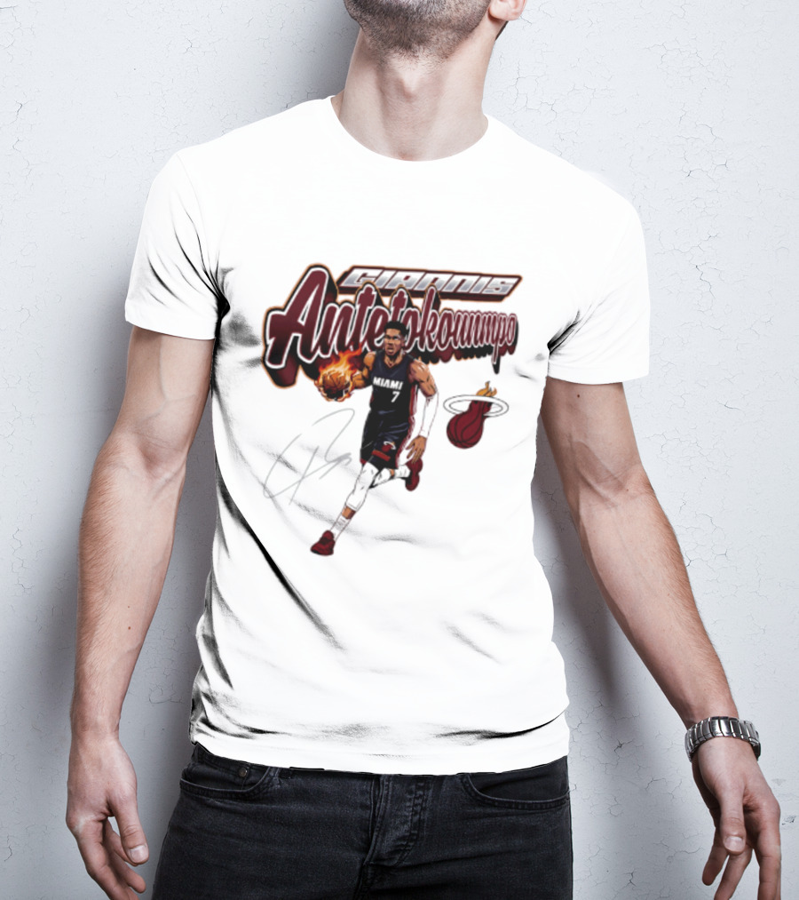 Giannis Antetokounmpo Miami Heat Basketball Cursive Script T-Shirt