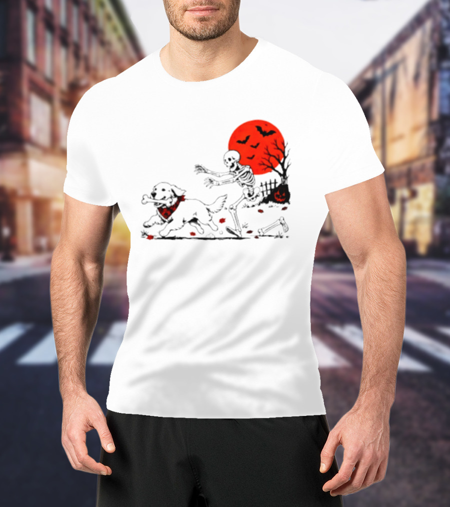 Golden Retriever And Skeleton Chase Under Red Moon With Bats And Pumpkin T-Shirt