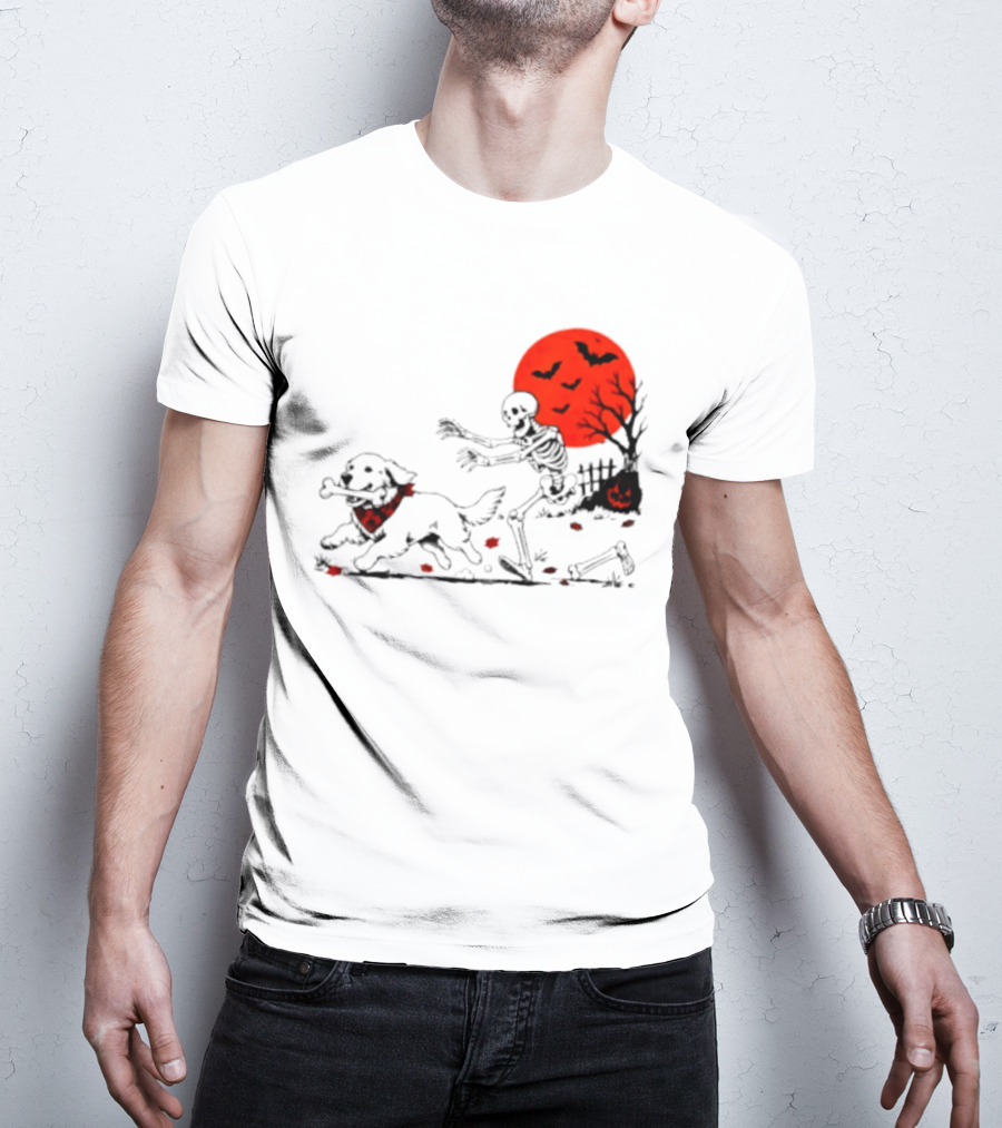 Golden Retriever And Skeleton Chase Under Red Moon With Bats And Pumpkin T-Shirt
