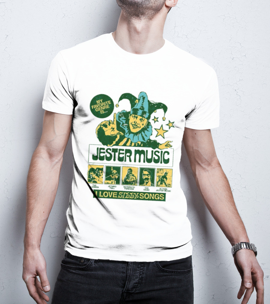 My Favorite Genre Is Jester Music I Love Silly Songs Playful Jester With Stars T-Shirt