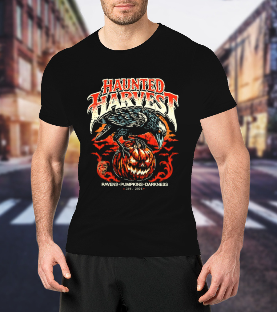 Haunted Harvest Ravens Pumpkins Darkness Est 2026 T-Shirt