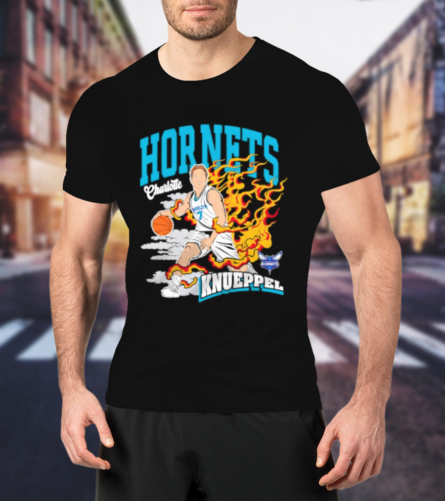 Charlotte Hornets Kon Knueppel Basketball With Flames Motif T-Shirt