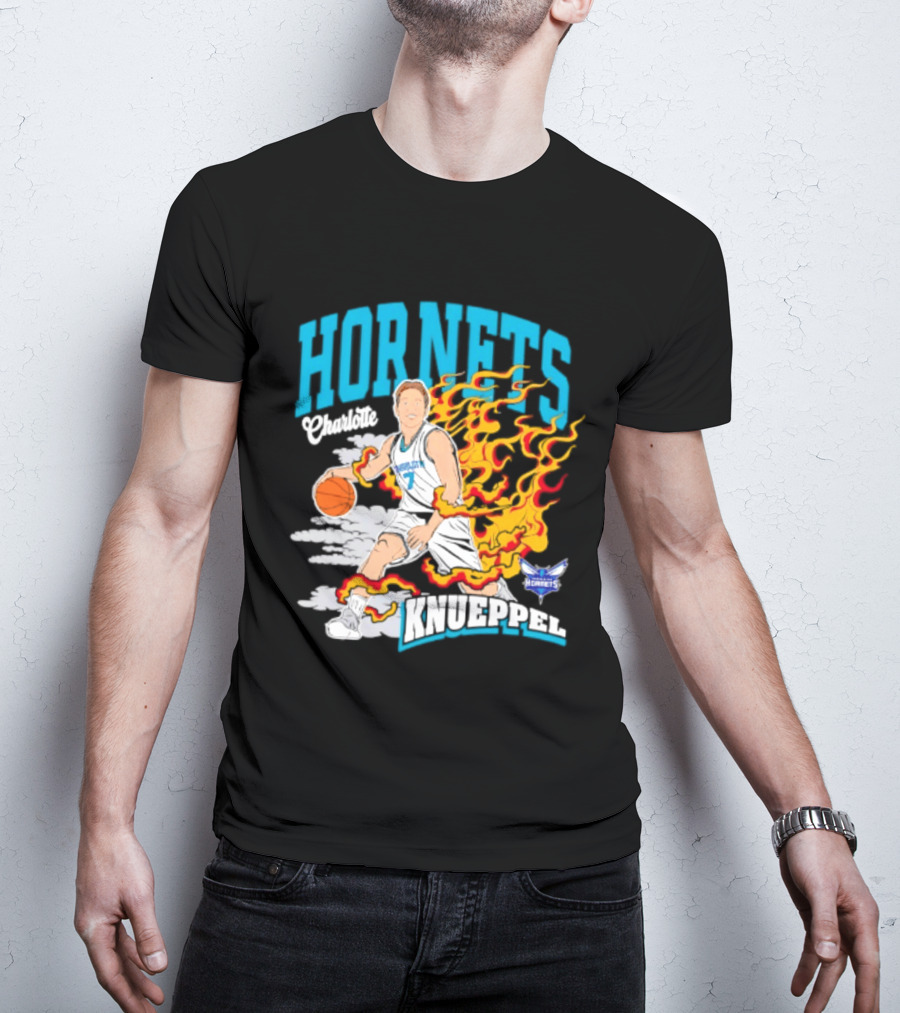 Charlotte Hornets Kon Knueppel Basketball With Flames Motif T-Shirt